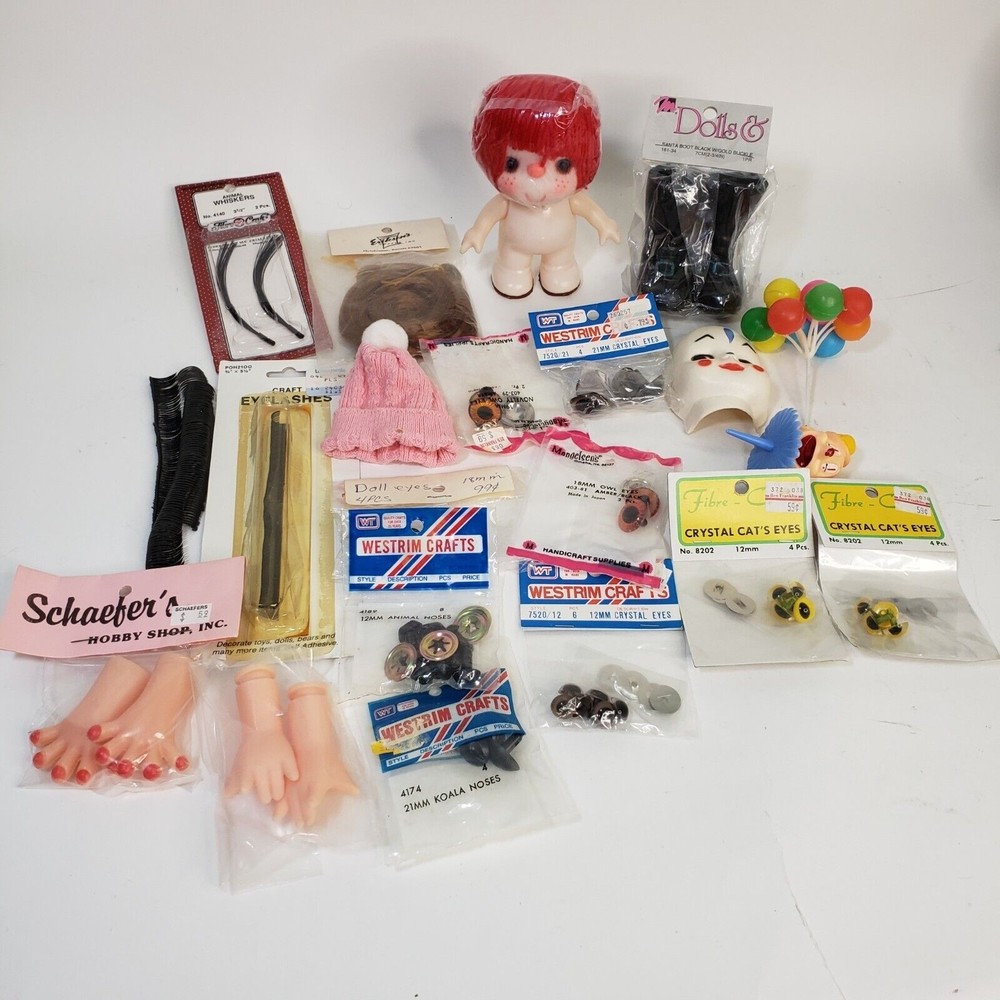 Vtg Mixed Lot NOS Doll Arms Hands Eyelashes Eyes Noses Hair Boots  Clown Face